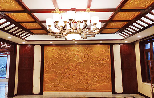 四平中式别墅客厅中式木作横梁吊顶装饰展示